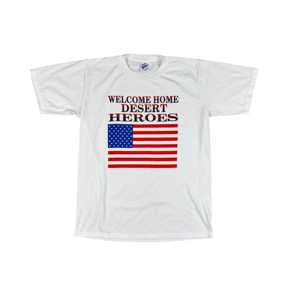 Vintage Jerzees Super T Desert‎ Heroes Tee Men's Medium White USA Flag 90s